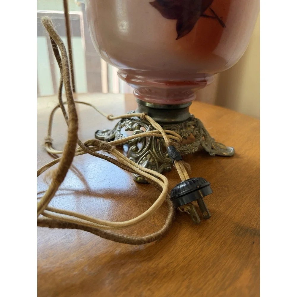 Antique GONE WITH THE WIND Lamp Electrified Oil Lamp Painted ROSES 24
